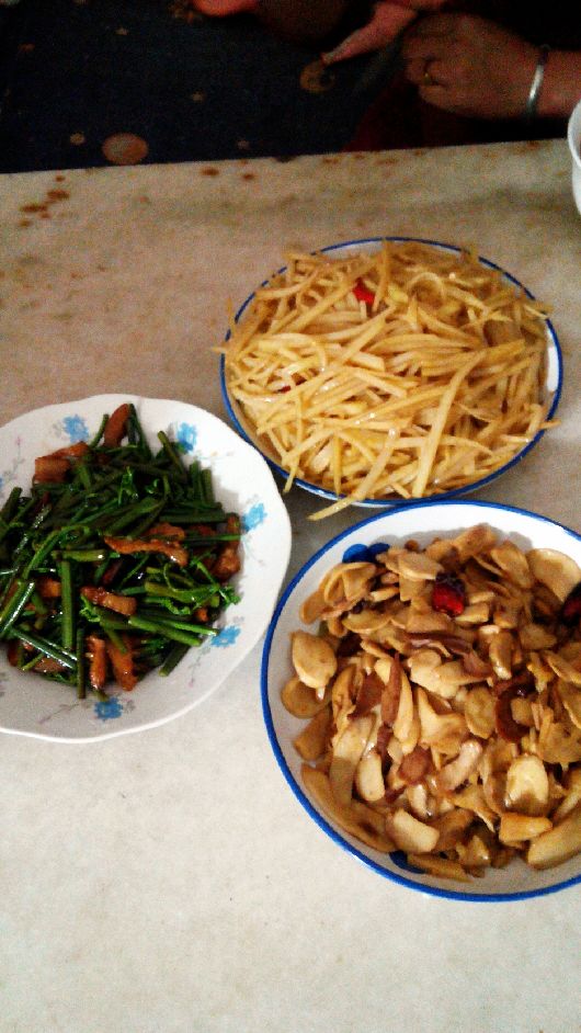 醋溜土豆,杏鲍菇炒肉,蕨菜肉.